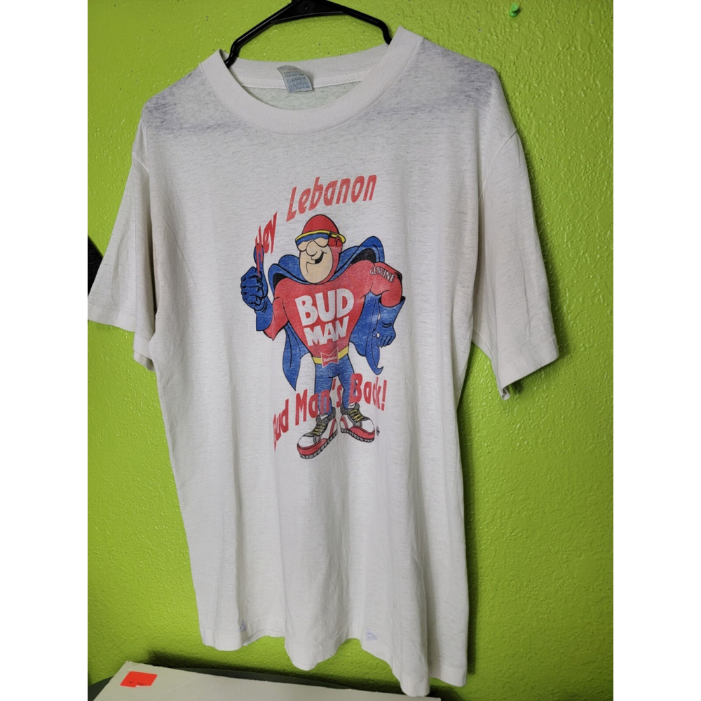 Vintage Budweiser Beer BUD MAN RARE Made In USA 80s Superhero Single Stitch VTG